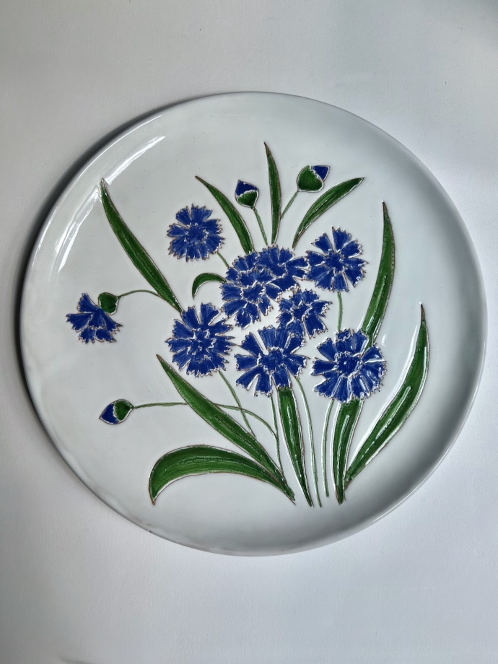 Italian Modern White & Blue Cornflowers Pottery Platter